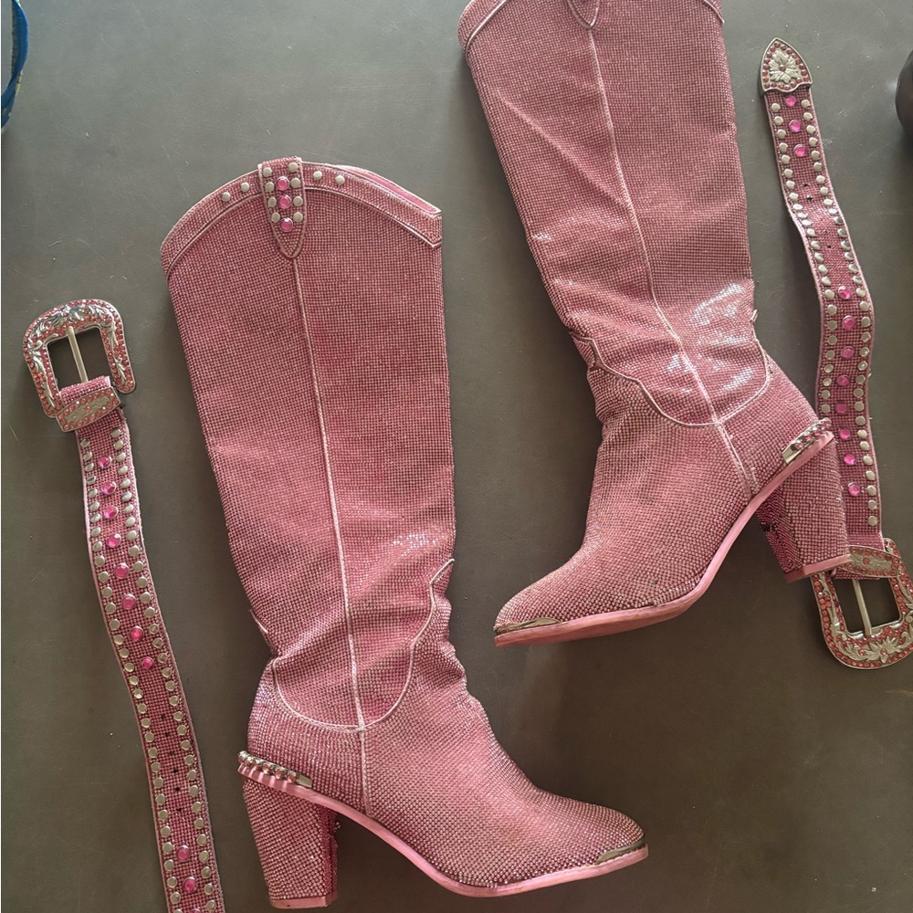 Pink Rhinestone Embellished Cowboy Cowgirl Knee-High Boots